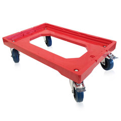 Carrello in plastica (ABS) di dimensioni 604 L x 402 P x 162 H mm, per cassette 600 x 400 mm e 400 x 300 mm, portata 250 Kg e 4 ruote girevoli (due con freno) in gomma elastica antitraccia