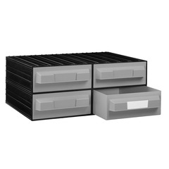 Cassettiera in plastica porta minuterie per magazzino componibile ad incastro di dimensioni 410 L x 582 P x 234 H mm, con 4 cassetti estraibili colorati