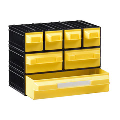 Cassettiera in plastica porta minuterie per magazzino componibile ad incastro di dimensioni 148 L x 274 P x 175 H mm, con 7 cassetti estraibili (di 3 diverse misure) colorati