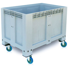 Cassone in plastica (HDPE) sovrapponibile per alimenti di dimensioni 1200 L x 800 P x 950 H mm, capacità 525 litri, con 4 ruote girevoli in gomma, fondo e pareti chiuse, tipo robusto