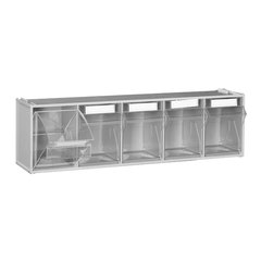 Cassettiera in plastica porta minuterie per magazzino componibile ad incastro di dimensioni 600 L x 135 P x 164 H mm, con 5 cassetti trasparenti basculanti ed estraibili