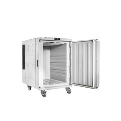 Contenitore isotermico in plastica (HDPE) per alimenti, refrigerato con motore, dim. 855 L x 1285 P x 1360 H mm, capacità 520 litri con apertura frontale, omologabile ATP per trasporto di fresco
