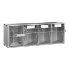 Cassettiera in plastica porta minuterie per magazzino componibile ad incastro di dimensioni 600 L x 117 P x 206 H mm, con 4 cassetti trasparenti basculanti ed estraibili