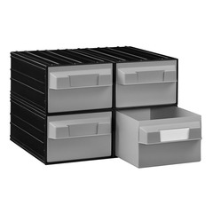 Cassettiera in plastica porta minuterie per magazzino componibile ad incastro di dimensioni 302 L x 352 P x 234 H mm, con 4 cassetti estraibili colorati