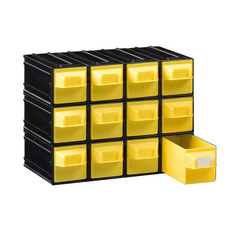Cassettiera in plastica porta minuterie per magazzino componibile ad incastro di dimensioni 148 L x 234 P x 175 H mm, con 12 cassetti estraibili colorati