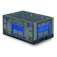 Contenitore in plastica (PP) pieghevole con dimensioni esterne 600 L x 400 P x 280 H mm, capacità 55 litri con fondo e pareti chiuse
