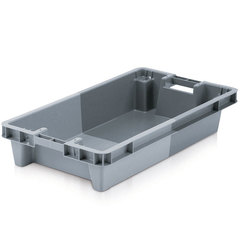 Contenitore di plastica alimentare (HDPE) inseribile e impilabile con rotazione di 180°, dimensioni 800 L x 450 P x 150 H mm, capacità 30 litri con pareti chiuse