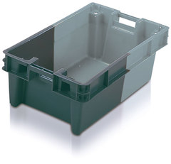 Contenitore di plastica alimentare (HDPE) inseribile e impilabile con rotazione di 180°, dimensioni 800 L x 450 P x 270 H mm, capacità 60 litri con fondo e pareti chiuse