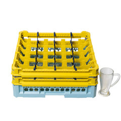Cestello per lavastoviglie in plastica (PP) di dim. esterne 500 L x 500 P x 240 H mm con 20 scomparti per lavaggio e trasporto di boccali da birra