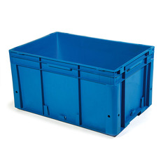 Contenitore in plastica (PP) robusto con dimensioni esterne 600 L x 400 P x 320 H mm, capacità 65 litri per movimentazione automatizzata, fondo liscio