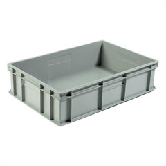 Cassetta in plastica (PP) sovrapponibile per alimenti con dimensioni esterne 600 L x 400 P x 150 H mm, capacità 29 litri con fondo rinforzato e pareti chiuse