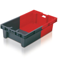 Contenitore di plastica alimentare (HDPE) inseribile e impilabile con rotazione di 180°, dimensioni 890 L x 560 P x 235 H mm, capacità 75 litri con fondo e pareti chiuse