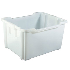 Cesta in plastica (HDPE) inseribile e sovrapponibile per alimenti, dimensioni esterne 620 L x 490 P x 375 H mm, capacità 80 litri, fondo e pareti chiuse per trasporto pane