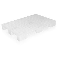 Pallet in plastica (HDPE) per alimenti di dim. 1200 L x 800 P x 130 H mm, dotato di 9 piedi con pianale forato e portata statica di 1800 Kg, molto utilizzato nell'industria alimentare