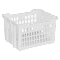 Cesta in plastica (HDPE) inseribile e sovrapponibile per alimenti, dimensioni esterne 620 L x 490 P x 335 H mm, capacità 80 Lt, pareti forate (lato corto rinforzato) per trasporto pane