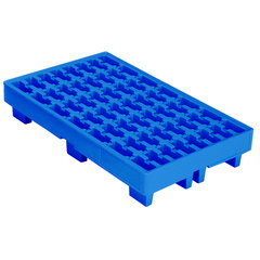 Pallet di contenimento in plastica (HDPE) per alimenti di dim. 1200 L x 800 P x 225 H mm, pianale superiore con alveoli di ritenzione fino a 35 litri per movimentazioni in sicurezza