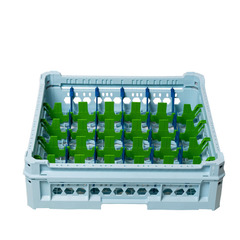 Cestello per lavastoviglie in plastica (PP) di dim. esterne 500 L x 500 P mm con 30 scomparti da 73 L x 88 P mm per lavaggio e trasporto di bicchieri con altezza da 65 a 120 mm
