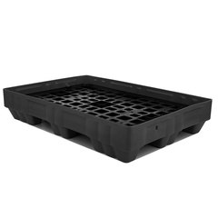 Pallet di contenimento in plastica (HDPE) di dim. 1250 L x 850 P x 230 H mm, con pianale amovibile e capacità di ritenzione 150 litri per taniche fusti e altro