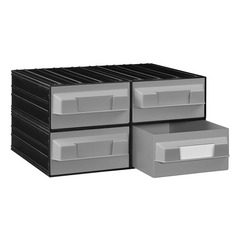 Cassettiera in plastica porta minuterie per magazzino componibile ad incastro di dimensioni 370 L x 468 P x 234 H mm, con 4 cassetti estraibili colorati