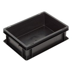 Contenitore in plastica conduttivo e antistatico ESD di dimensioni esterne 400 L x 300 P x 120 H mm, capacità 11 litri per proteggere il contenuto da cariche statiche