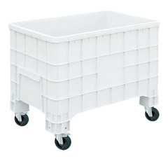 Cassone in plastica (HDPE) sovrapponibile per alimenti di dimensioni 1000 L x 635 P x 780 H mm, capacità 300 litri, con 4 ruote girevoli (2 con freno), fondo e pareti chiuse