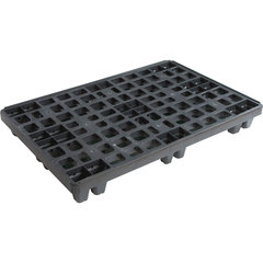 Pallet in plastica (HDPE) rigenerata di dim. 1200 L x 800 P x 147 H mm, base con 24 piedi, pianale forato con bordo e portata statica 1500 Kg, inseribile per ottimizzare l'accatastamento