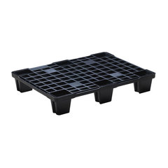 Pallet in plastica (PP) rigenerata di dimensioni 800 L x 600 P x 155 H mm con portata statica di 700 Kg, base con piedi inseribili per ottimizzare spazio quando impilati