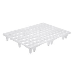 Pallet in plastica (PP) per alimenti, con dimensioni Euro 1200 L x 800 P x 140 H mm e carico statico di 800 Kg, base con piedi inseribili per ottimizzare spazio quando impilati