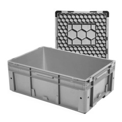 Contenitore in plastica (PP) robusto con dimensioni esterne 600 L x 400 P x 220 H mm, capacità 40 litri per movimentazione automatizzata, fondo rinforzato