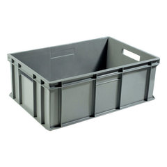 Cassetta in plastica (PP) sovrapponibile per alimenti con dimensioni esterne 600 L x 400 P x 220 H mm, capacità 43 litri con fondo e pareti chiuse