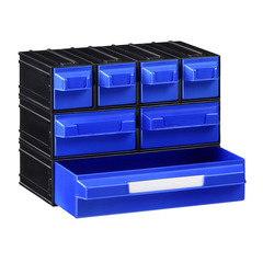 Cassettiera in plastica porta minuterie per magazzino componibile ad incastro di dimensioni 148 L x 274 P x 175 H mm, con 7 cassetti estraibili (di 3 diverse misure) colorati