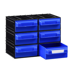 Cassettiera in plastica porta minuterie per magazzino componibile ad incastro di dimensioni 148 L x 234 P x 175 H mm, con 6 cassetti estraibili colorati